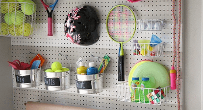 Toys hanging on pegboard