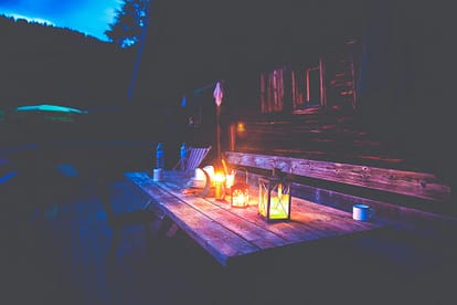 picnic table with lantern lighting
