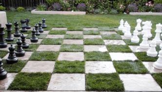 Giant chess set in backyard